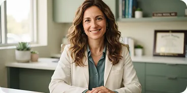 Dr. Elena Rossi at her desk in a calm consulting room