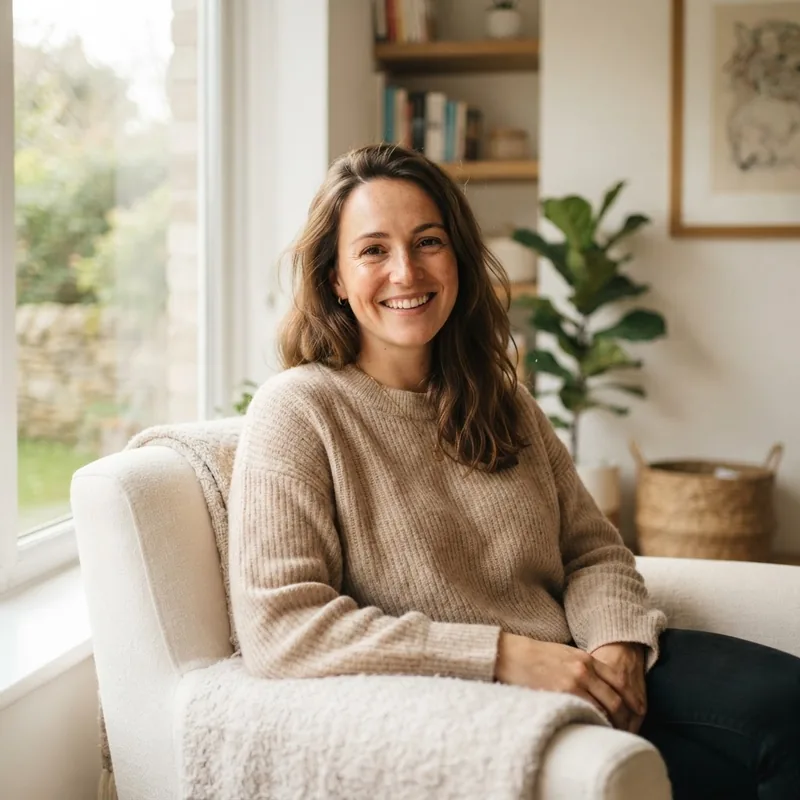 A smiling woman relaxing at home with a cup of tea